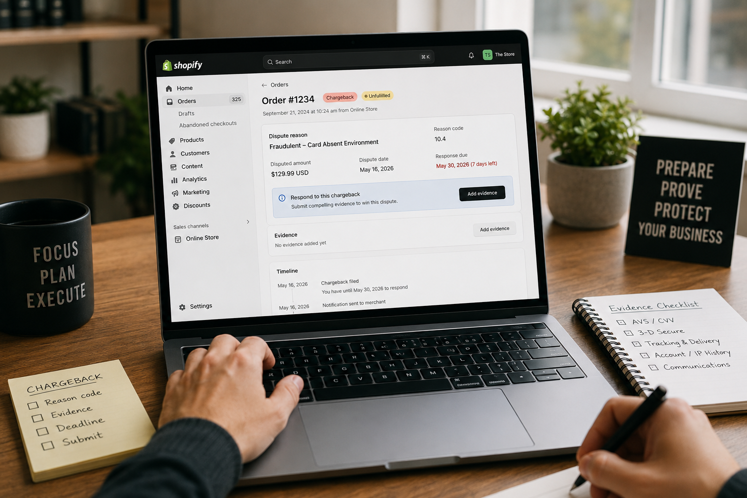 A Shopify admin showing a chargeback on order #1234, reason code 10.4, with the response deadline and an Add evidence button