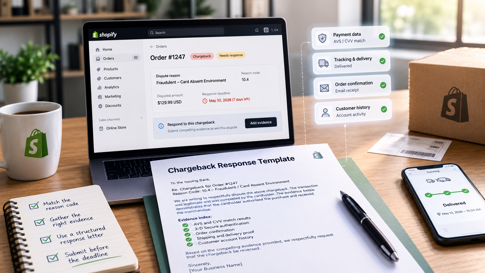 A chargeback rebuttal letter template on screen, showing the case ID, reason code, and a numbered list of exhibits