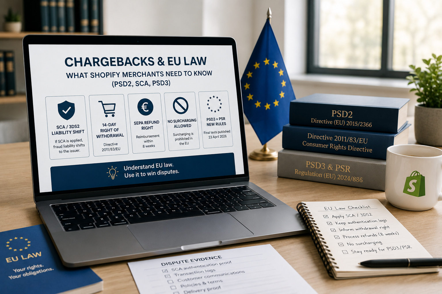 EU flag over a payment terminal and a Shopify order, illustrating how PSD2, SCA and PSD3 affect chargebacks